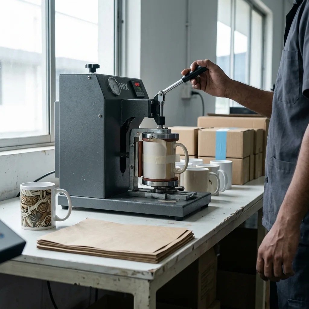 Sublimation mug press in operation