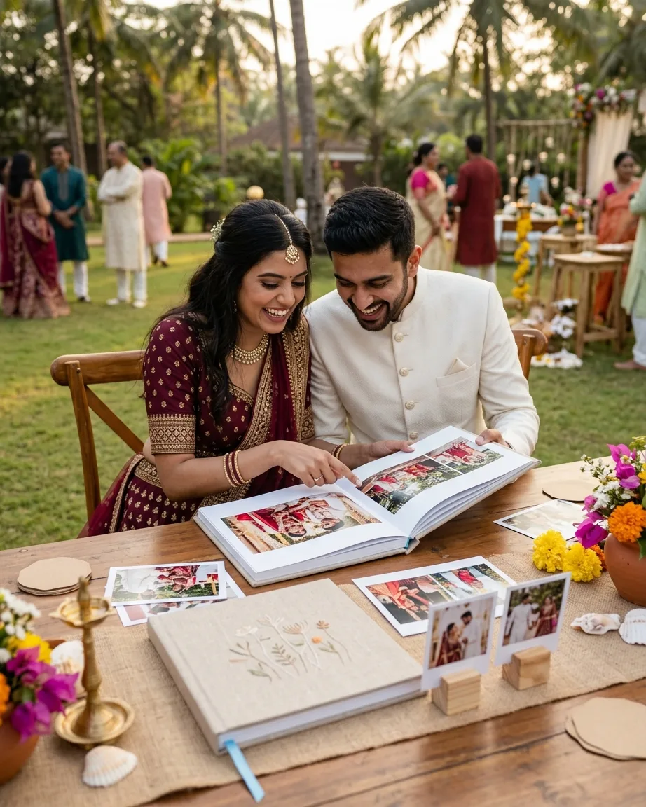 Wedding photobook and prints on a table