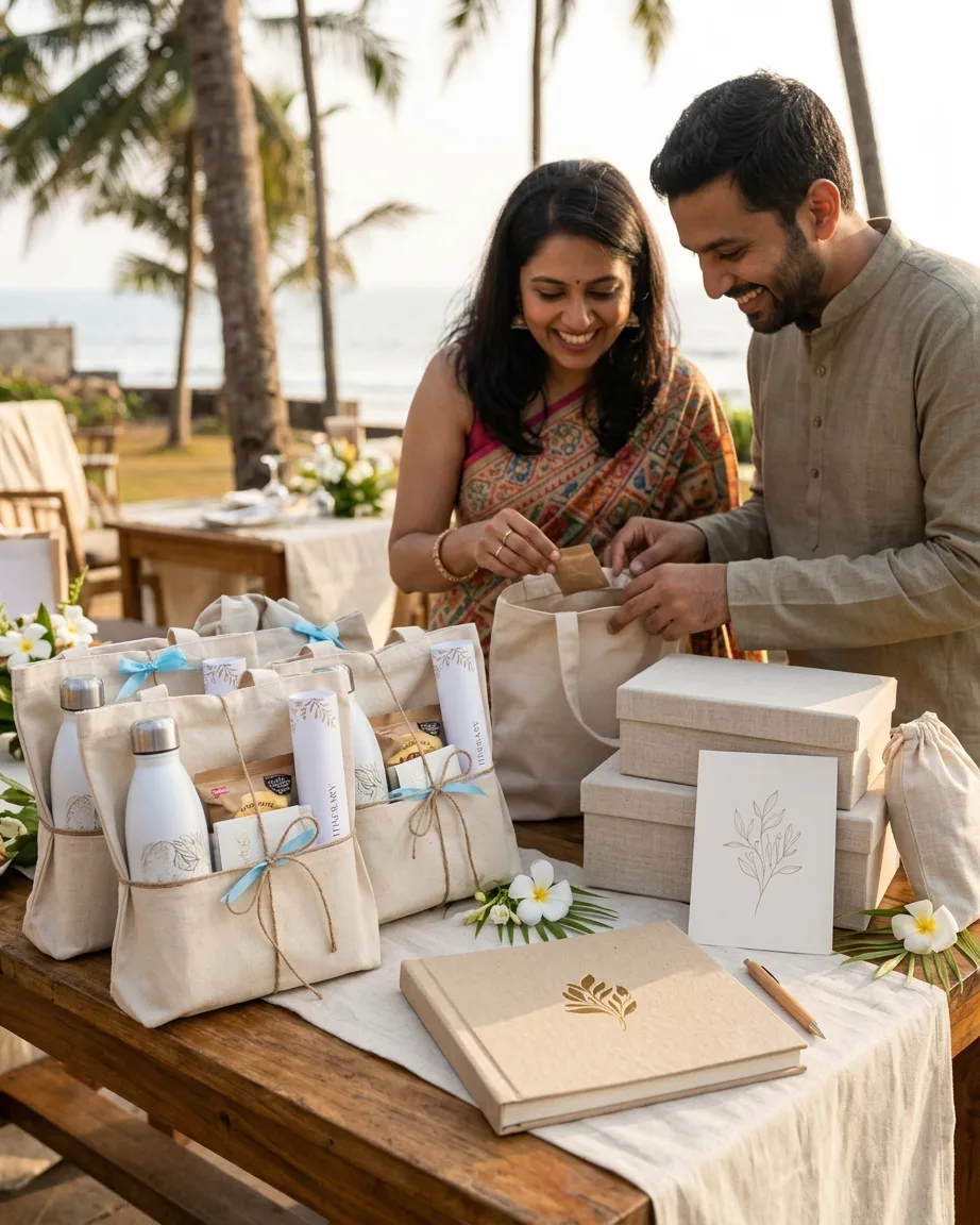 Wedding welcome kit on a resort table