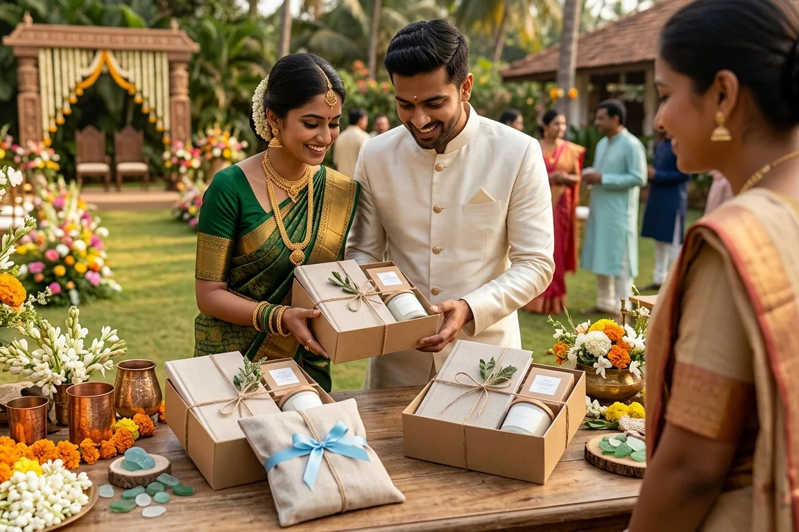 Welcome desk setup at a Goa wedding