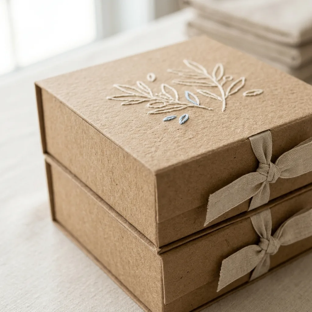 Boxed welcome kits stacked for guest rooms